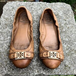 Tory Burch Royal Tan Ambrose Leather Ballet Flats Women's size 7.5